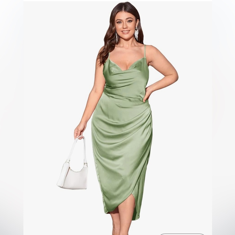 NWT Satin Spaghetti Strap Cowl Neck Mock Wrap Party Cami Dress Mint Green 4x
